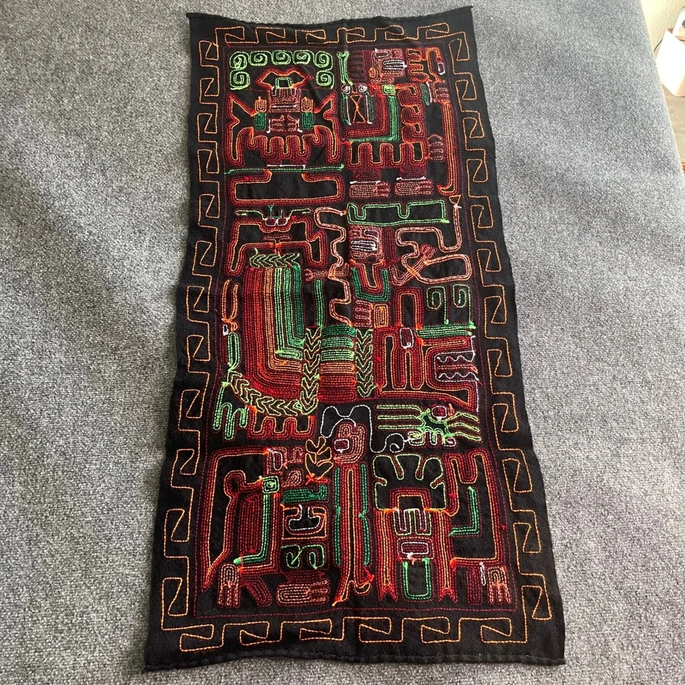 Peruvian Hand Embroidered Mola Textile Art Wall Hanging Incan Mythical Figures